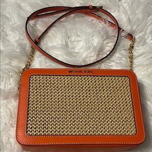 Michael Kors Orange and Tan Woven Crossbody Bag